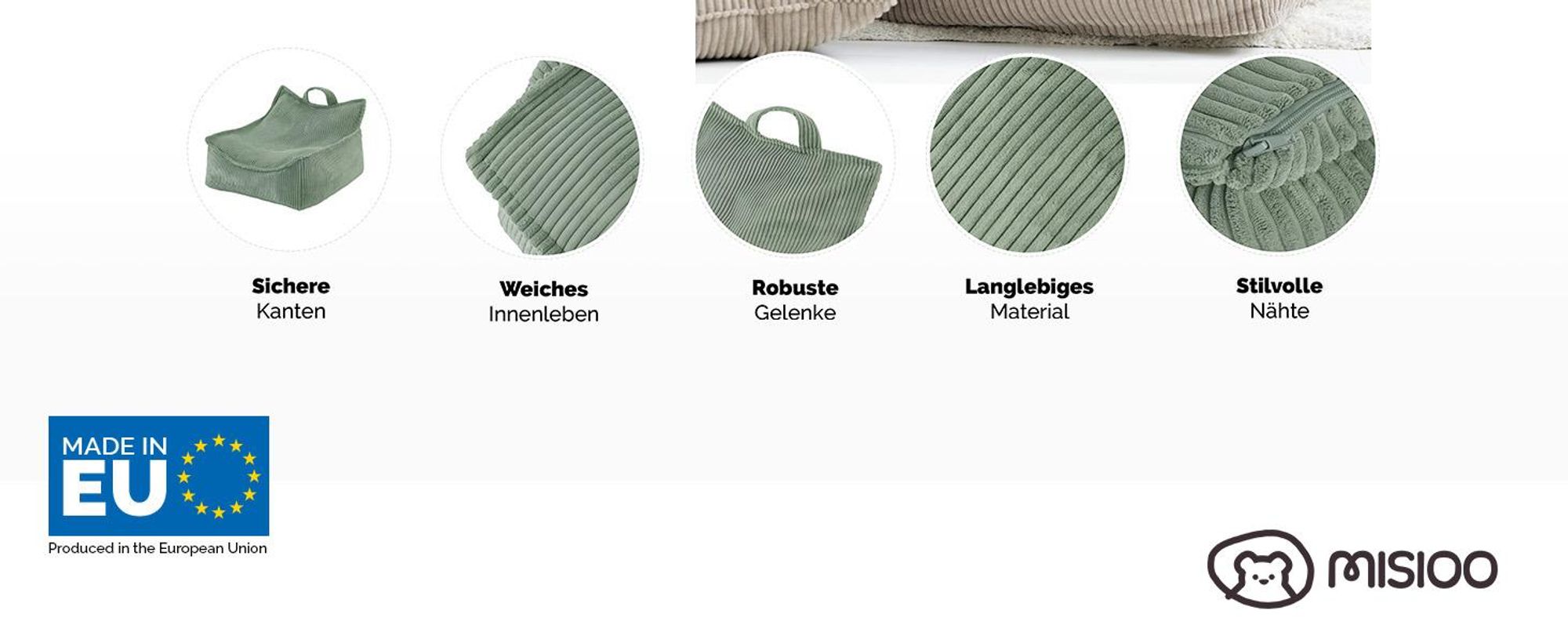MISIOO Sitzsack Kinder – Großer Sitzsack – Big Bag für Kinder – Cord-Material – 77x67x50 cm – Waschbarer Stoff – Griff für einfaches Tragen – Olive