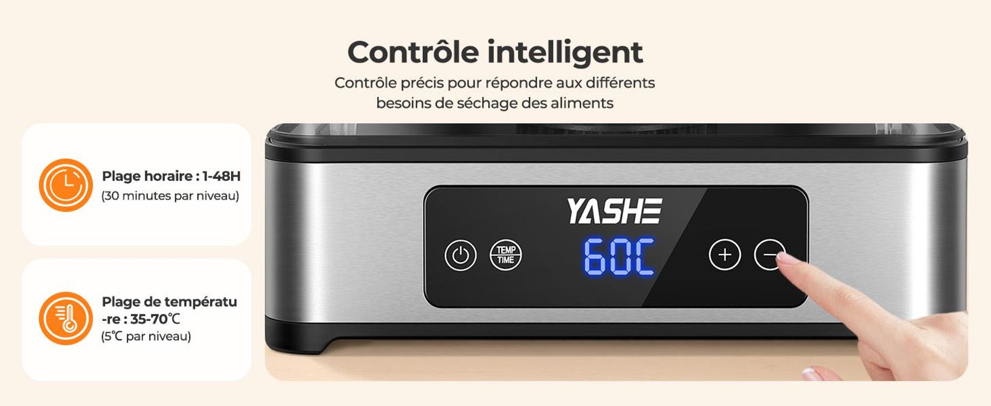 Déshydrateur YASHE FD-1019 5 grilles inox, 400 W, 35–70 °C