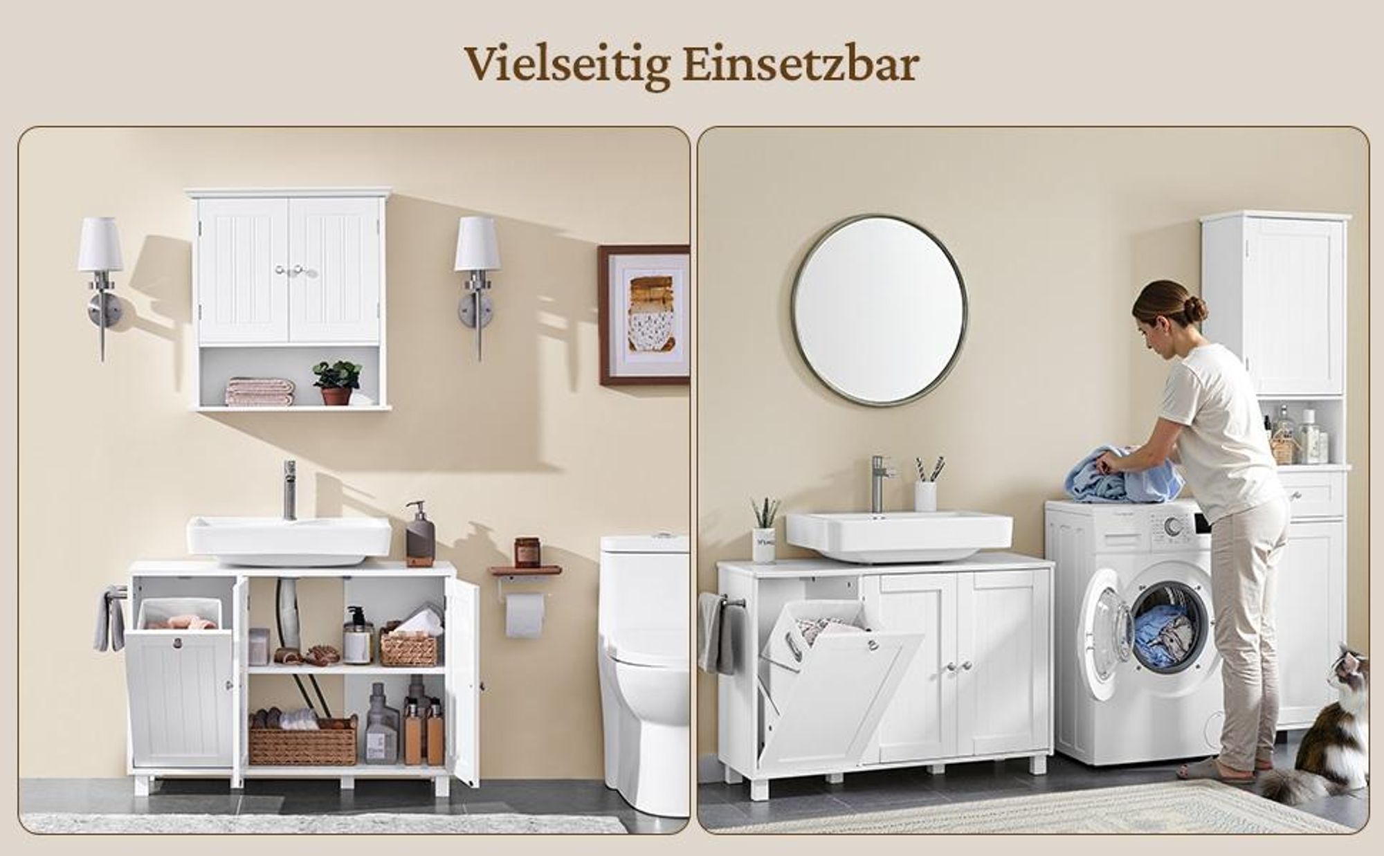 Yaheetech Waschbeckenunterschrank mit Wäschekorb, Badezimmerschrank, 3 Türen, Unterschrank für Bad, Weiß