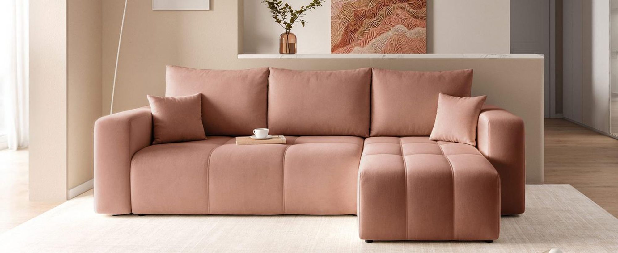 Idohome-Moderne Ecksofa mit Schlaffunktion und L-förmigen Steppungen, Couchgarnitur, Universale Couch, Sofa, Bettcouch, PEDROO-Farbe Altrosa Manila 29