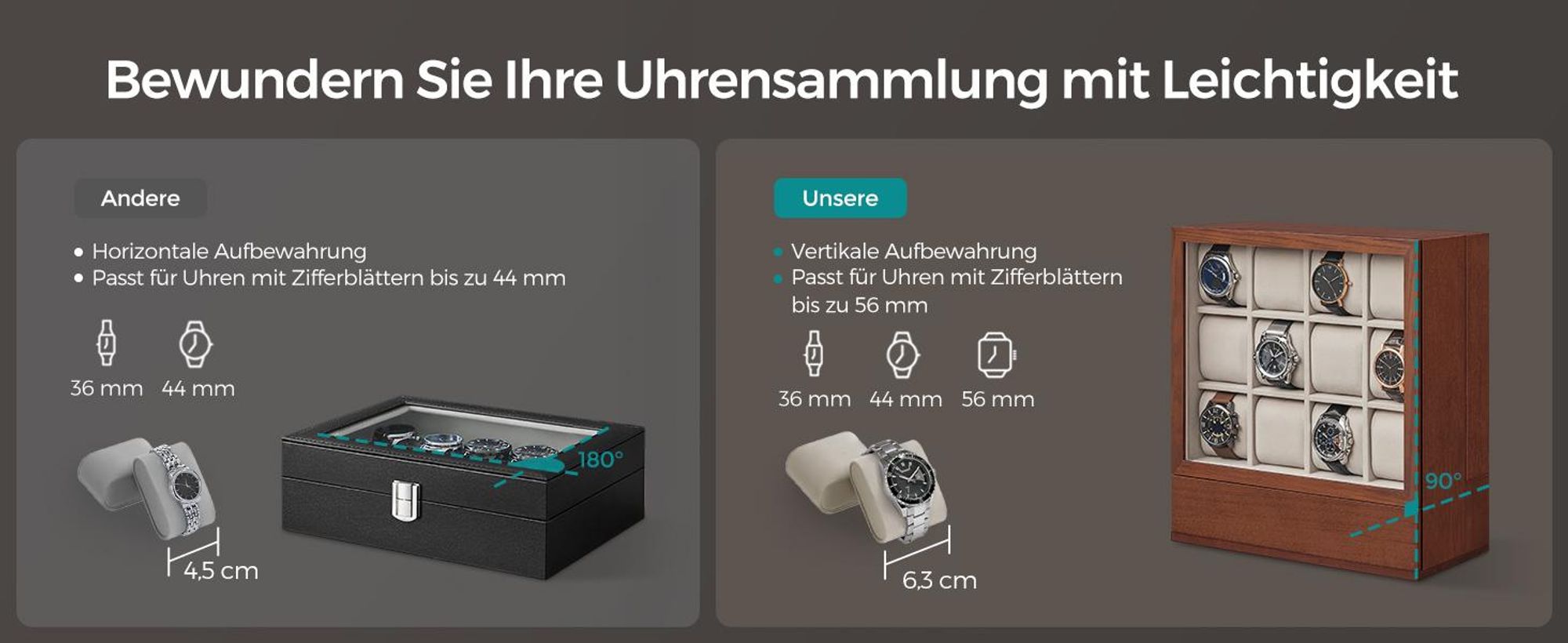 SONGMICS Uhrenbox Uhrenbox 12 Fächer, Uhrenkasten, vertikale Aufbewahrung, Geschenkidee