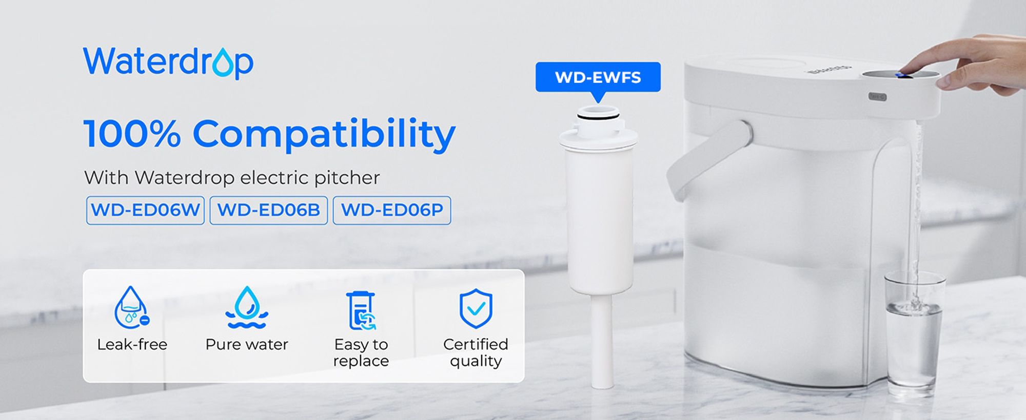 Waterdrop WD-EWFS Ersatzfilter für Waterdrop Instant Elektrischer Wasserfilterkannen, WD-ED06W, WD-ED06B, WD-ED06P, 3er-Pack