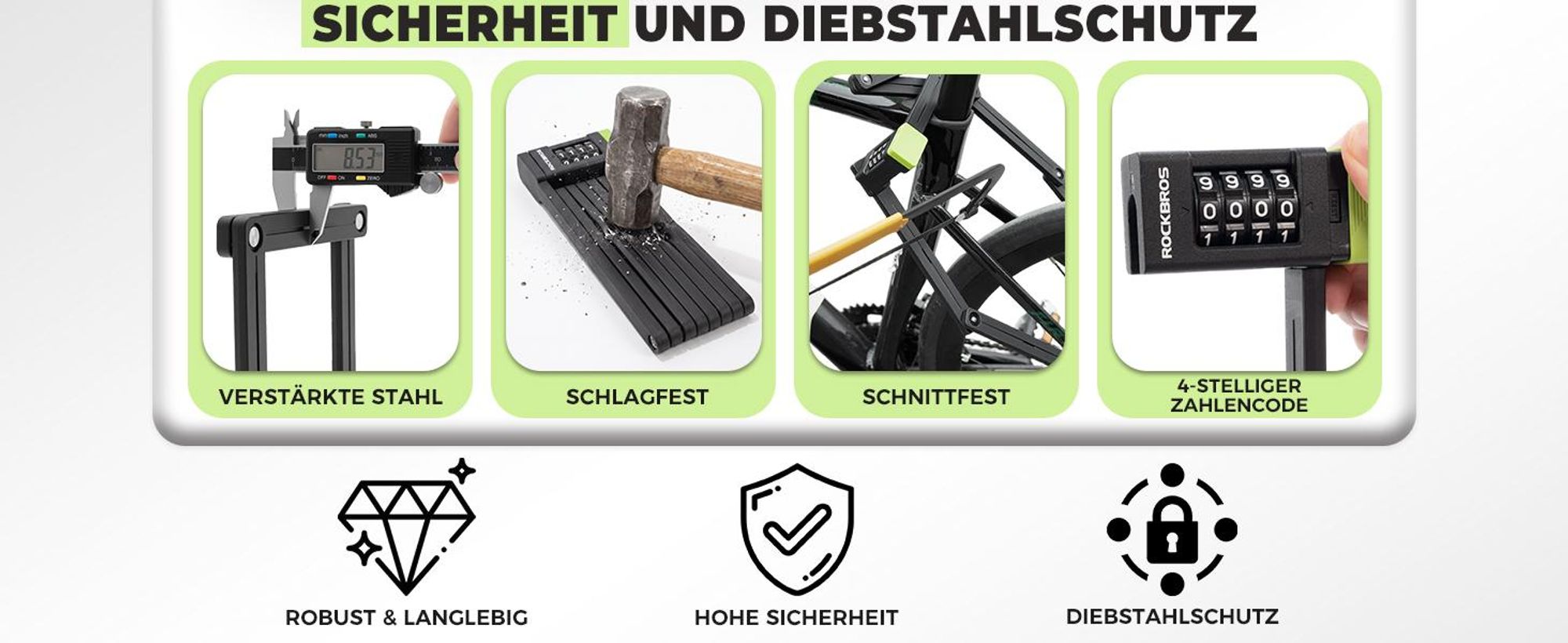 ROCKBROS Zahlenschloss Rostfrei mit Halterung, Faltschloss Fahrrad Diebstahlsicher, 8mm Extradicker Stahl, 120cm Fahrradschloss für Fahrrad