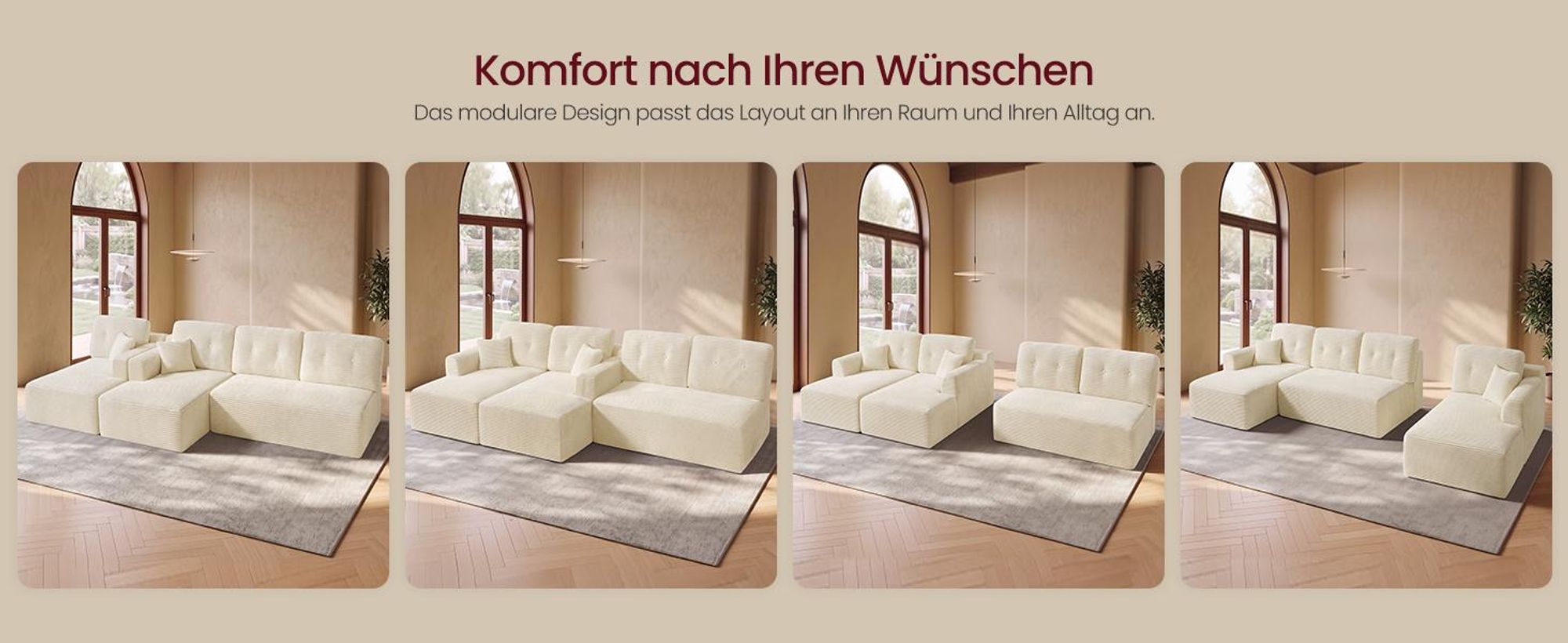 VASAGLE U-Form Sofa 6-Sitzer Modulares Cord Sofa mit Kissen 336 x 154 x 89 cm Weiß