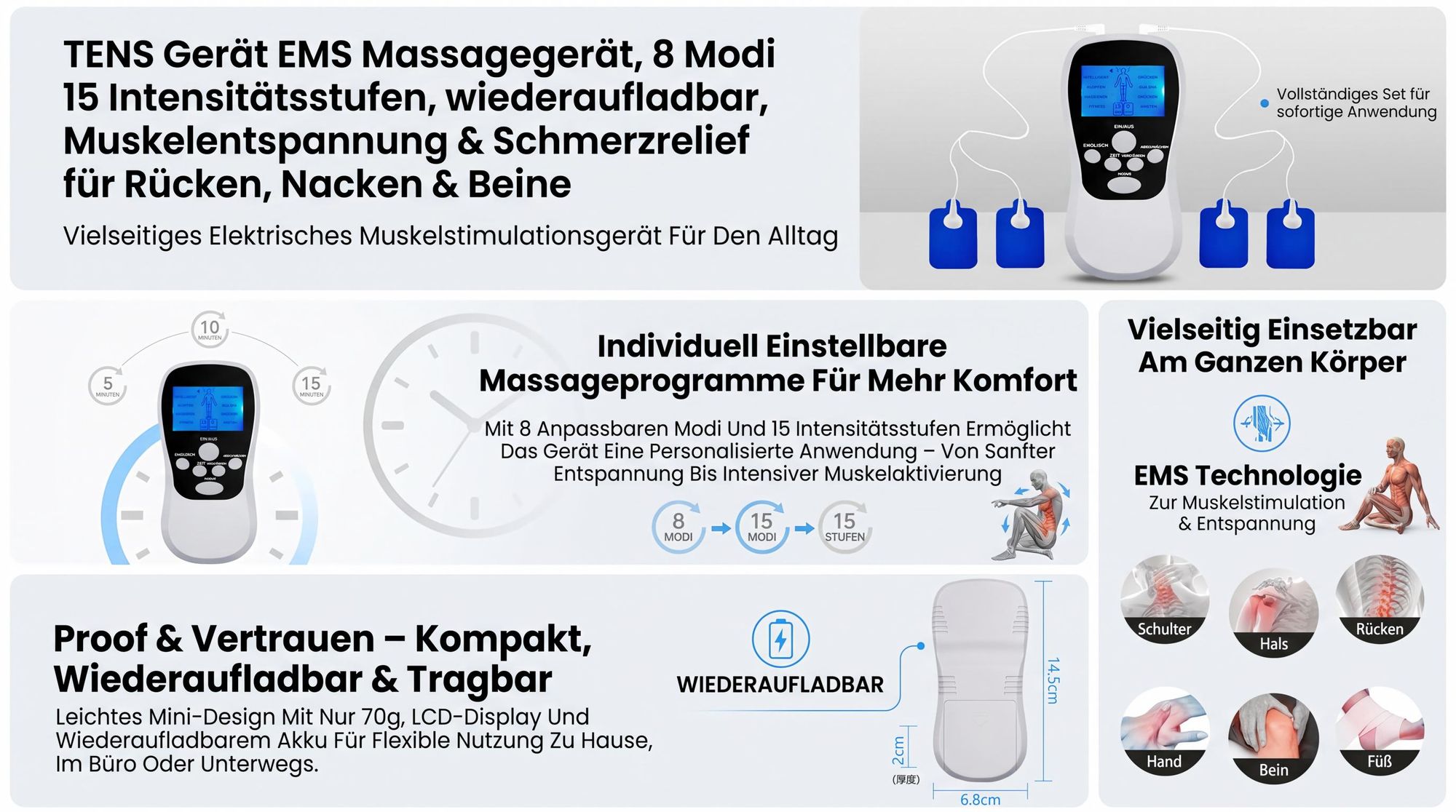 TENS Gerät EMS Massagegerät, 8 Modi 15 Intensitätsstufen, wiederaufladbar, Muskelentspannung & Schmerzrelief für Rücken, Nacken & Beine