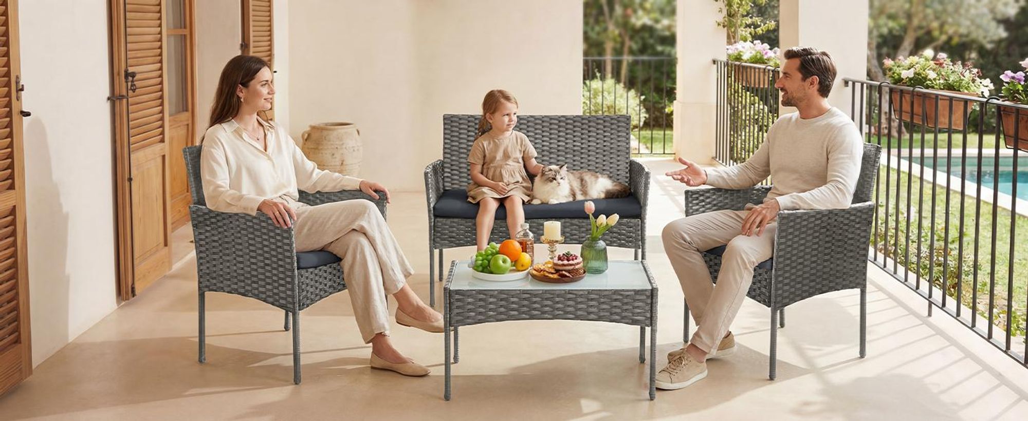 SONGMICS Balkonmöbel-Set, Polyrattan Lounge-Möbel, 4-teilig, Outdoor Sitzgruppe mit Tisch und Bank, für Garten, grau