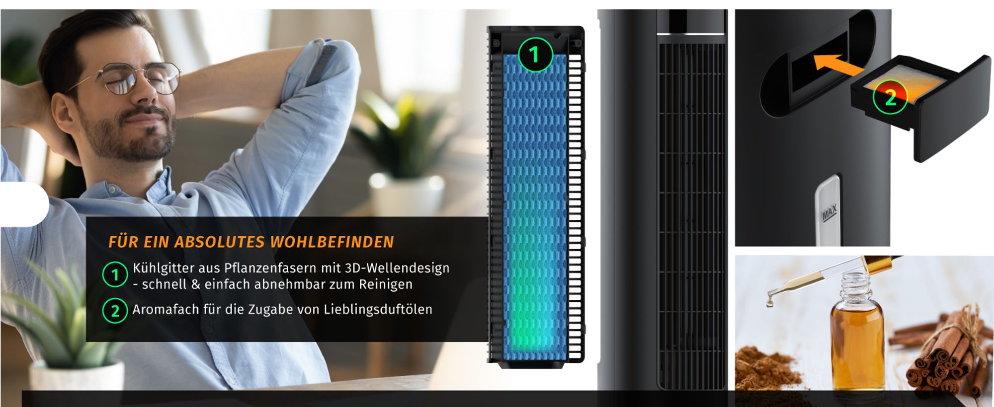 Brandson Luftkühler mit Kühlgitter und Aromafach, Mann entspannt sich im Raum