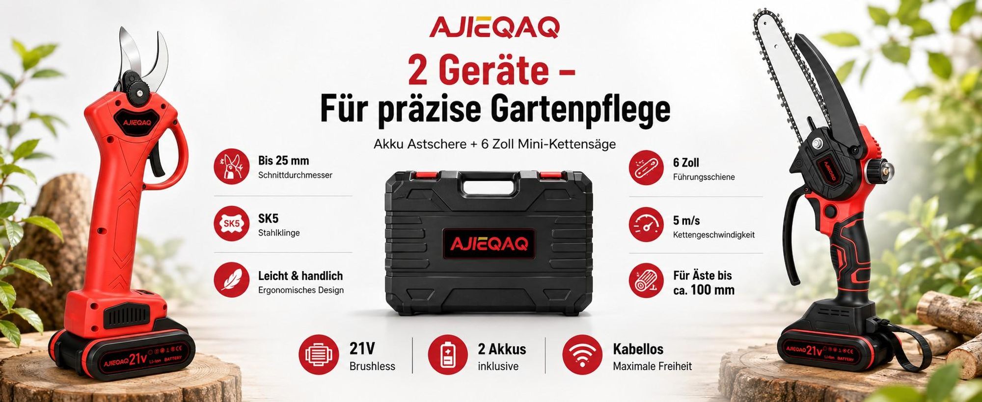 AJIEQAQ Akku Astschere Set 2-in-1, 21V Brushless Gartenschere mit Mini Akku Kettensäge 6 Zoll, 25mm SK5 Klinge, 2×1500mAh Akkus, Koffer