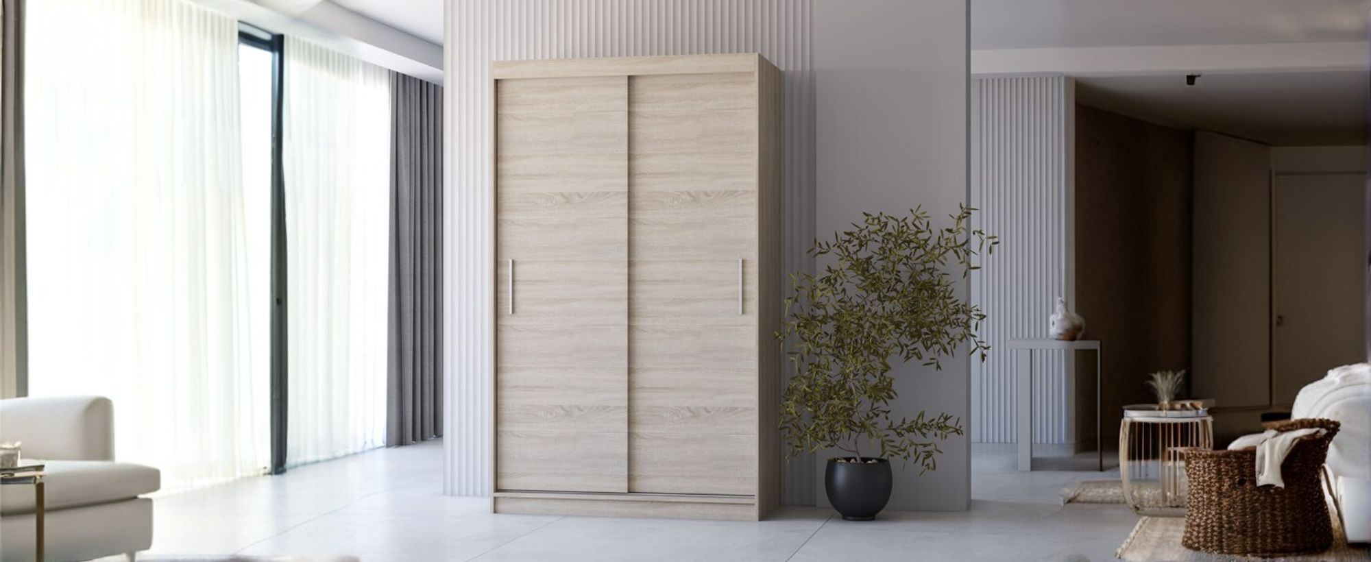 Schwebetürenschrank Kleiderschrank Neomi 04, Sonoma/Sonoma, 2-türig, 120 cm.