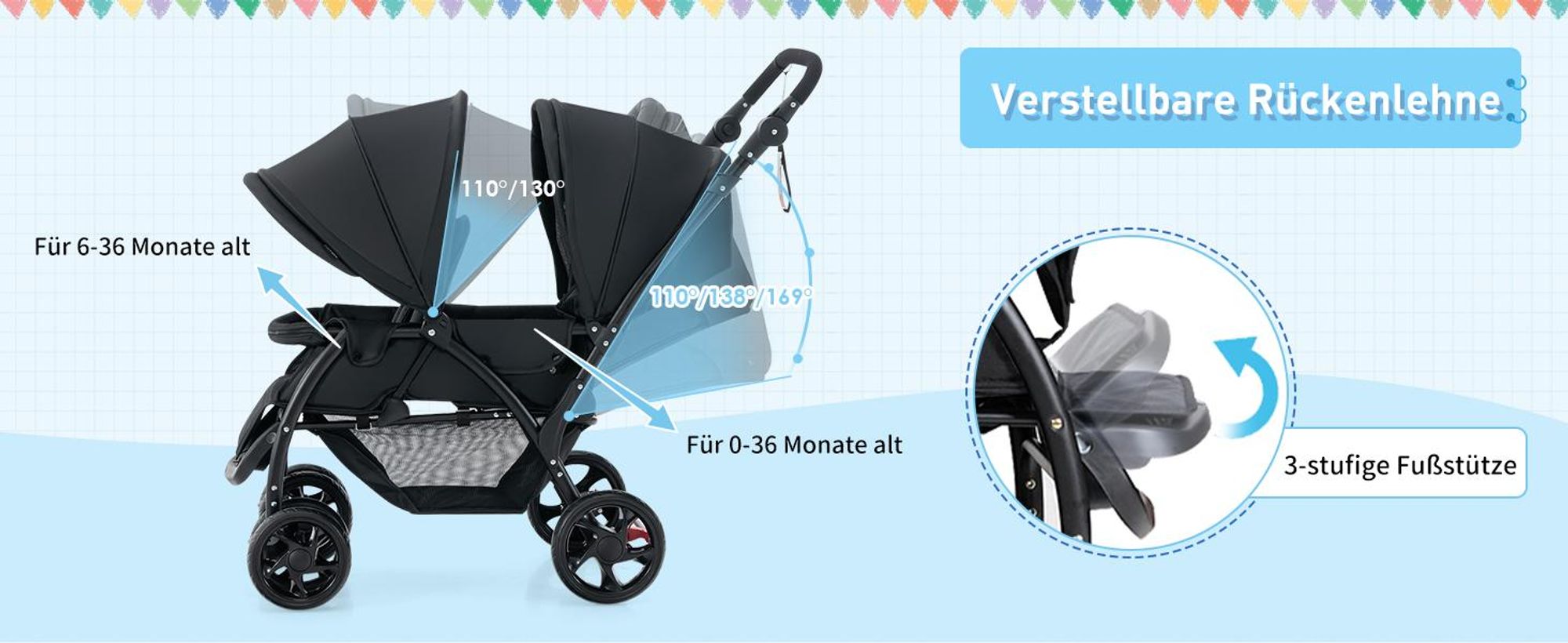 COSTWAY Kombikinderwagen bis 30 kg, Geschwisterwagen klappbar, Kinderwagen mit Rückenlehne & Verdeck, Zwillingsbuggy für Baby ab 6 Monate, Grau