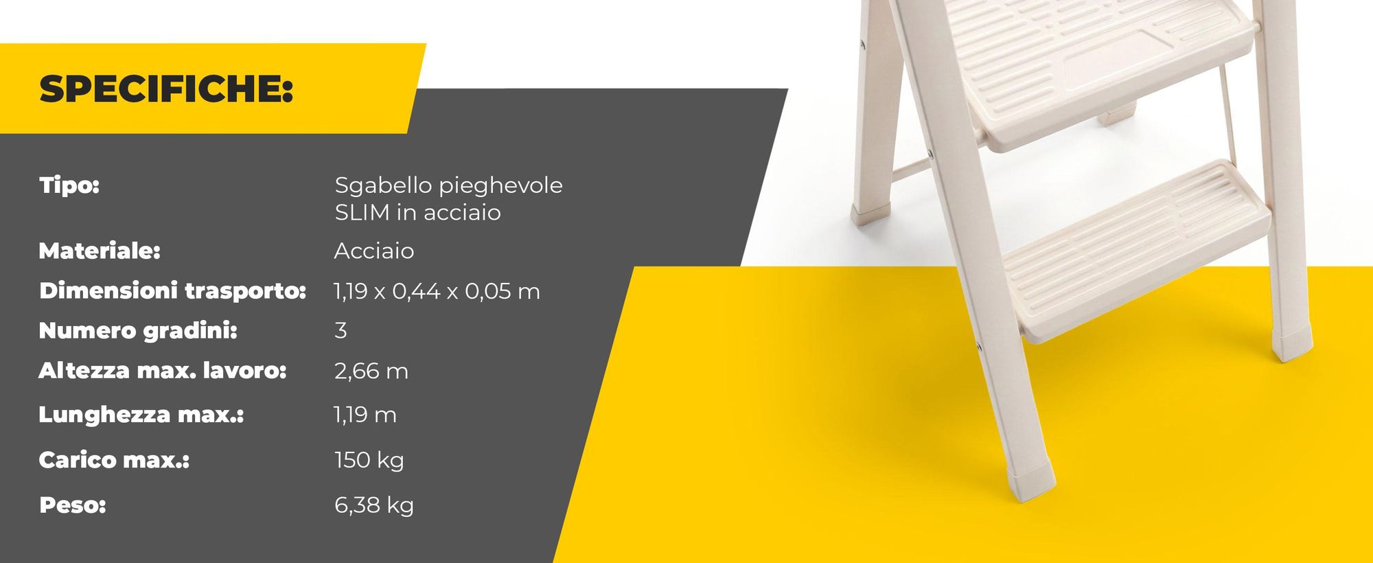 Drabest | Scala pieghevole per uso domestico, modello Slim - 3 gradini - Pieghevole - Portata massima: 150 kg - Colore: crema