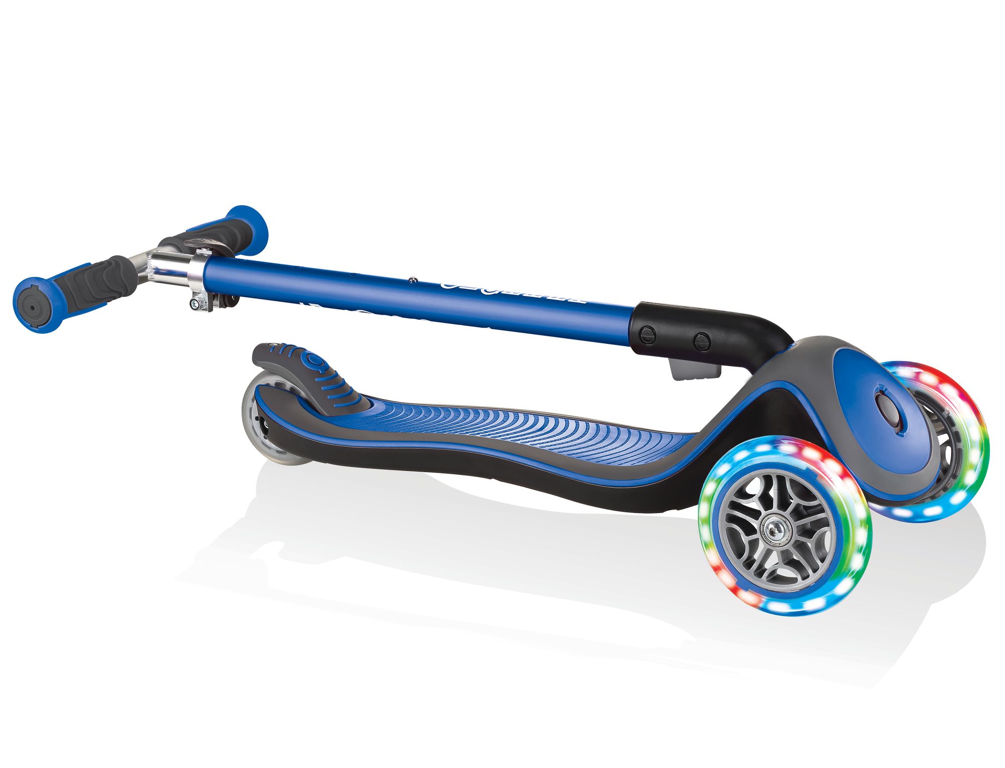 >P< Globber Primo lights dunkelblau mit Leuchträdern Roller zusammengeklappt für den Transport>/P<