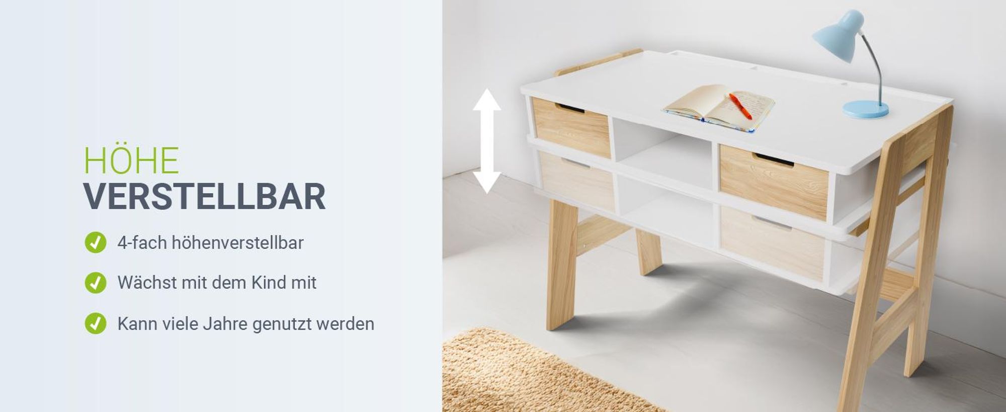 Juskys Kinder Schreibtisch Fietje - Höhenverstellbarer Kinderschreibtisch aus Holz, 2 Schubladen