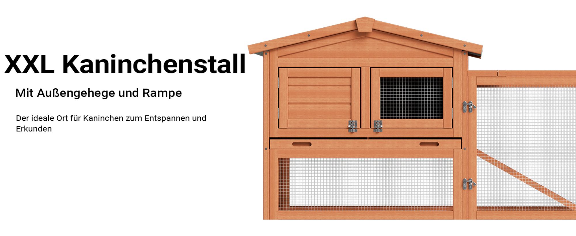 Wiltec XXL Hasenstall 1560 x 520 x 680 mm mit Freilaufgehege und erhöhtem Unterschlupf aus Fichtenholz, Kaninchenkäfig mit 2 Etagen, Kleintierstall