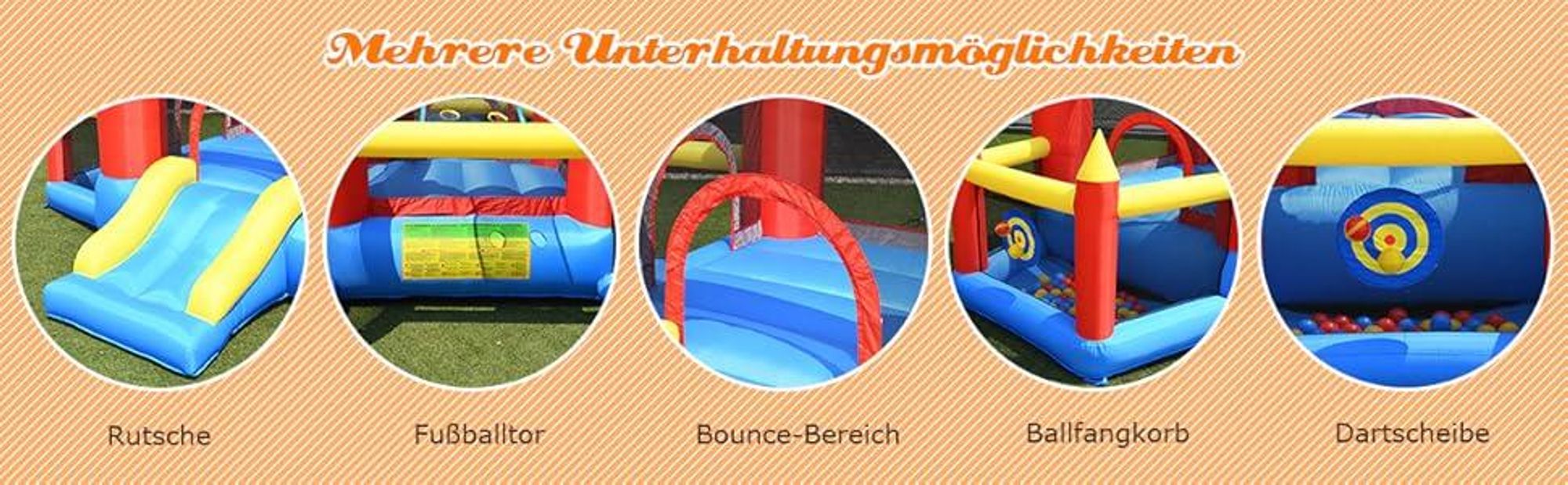 COSTWAY Hüpfburg + 450W Gebläse Springburg Hüpfschloss, Bouncer mit Rutsche, 60 Ozeanbälle, Fußballtor, 2 Dartpfeile, Tragetasche, 350x275x196cm