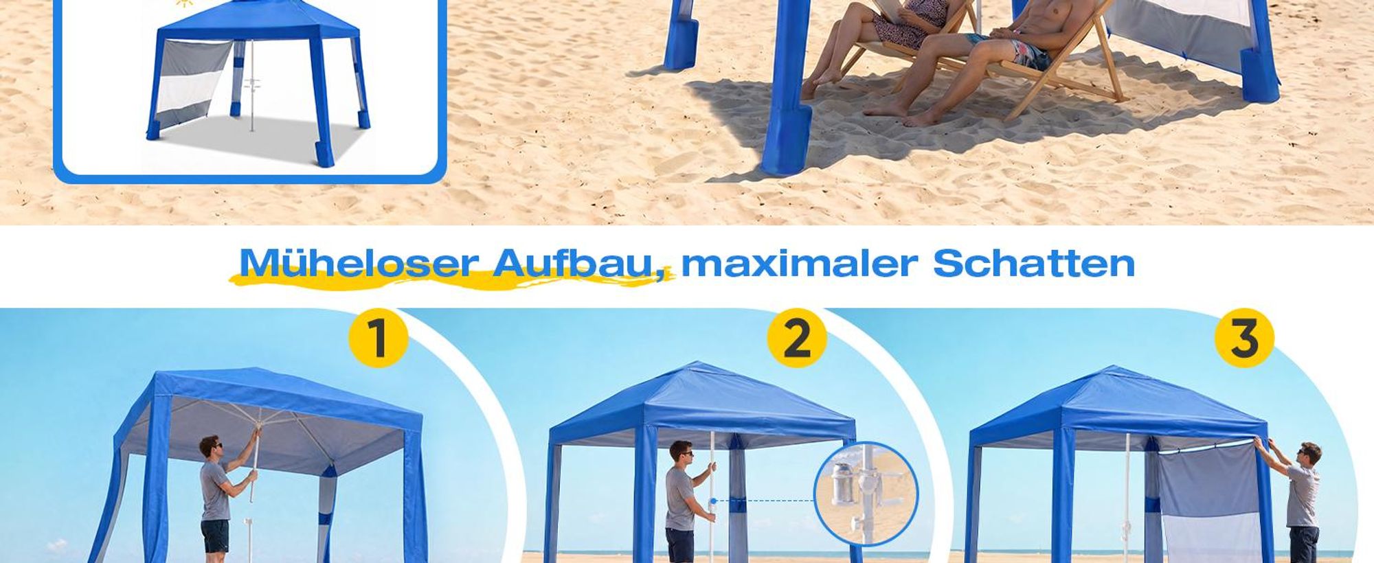 Sekey Strandmuschel Pop Up 240 x 240 cm für 4 Personen mit Seitenvorhang Höhenverstellbar UV Schutz 50+ Windfest Strandzelt