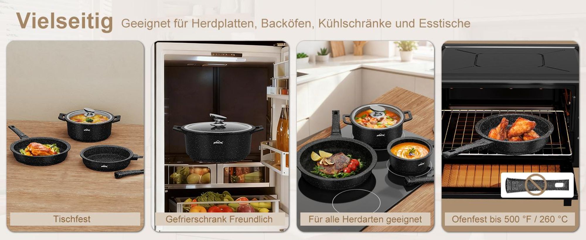 10-TLG Topfset Induktion mit Abnehmbarer Griff,Pfanne 24/28cm,Milchtopf 16cm,Kochtopf 20/24/28cm,Stapelbar für alle Herdarten,Ofenfest,Schwarz