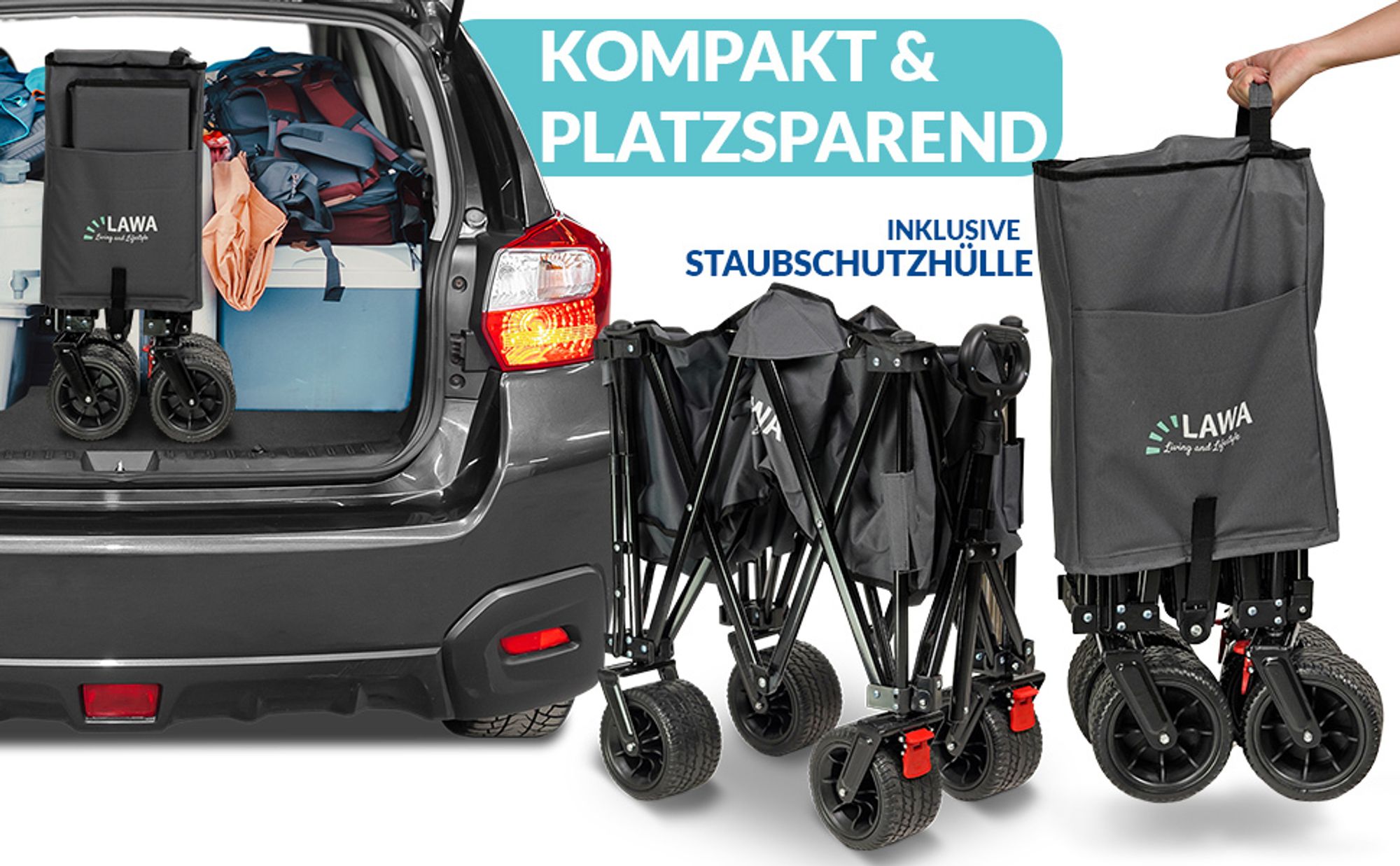 Aufbau und Transport eines Klappbollerwagens.