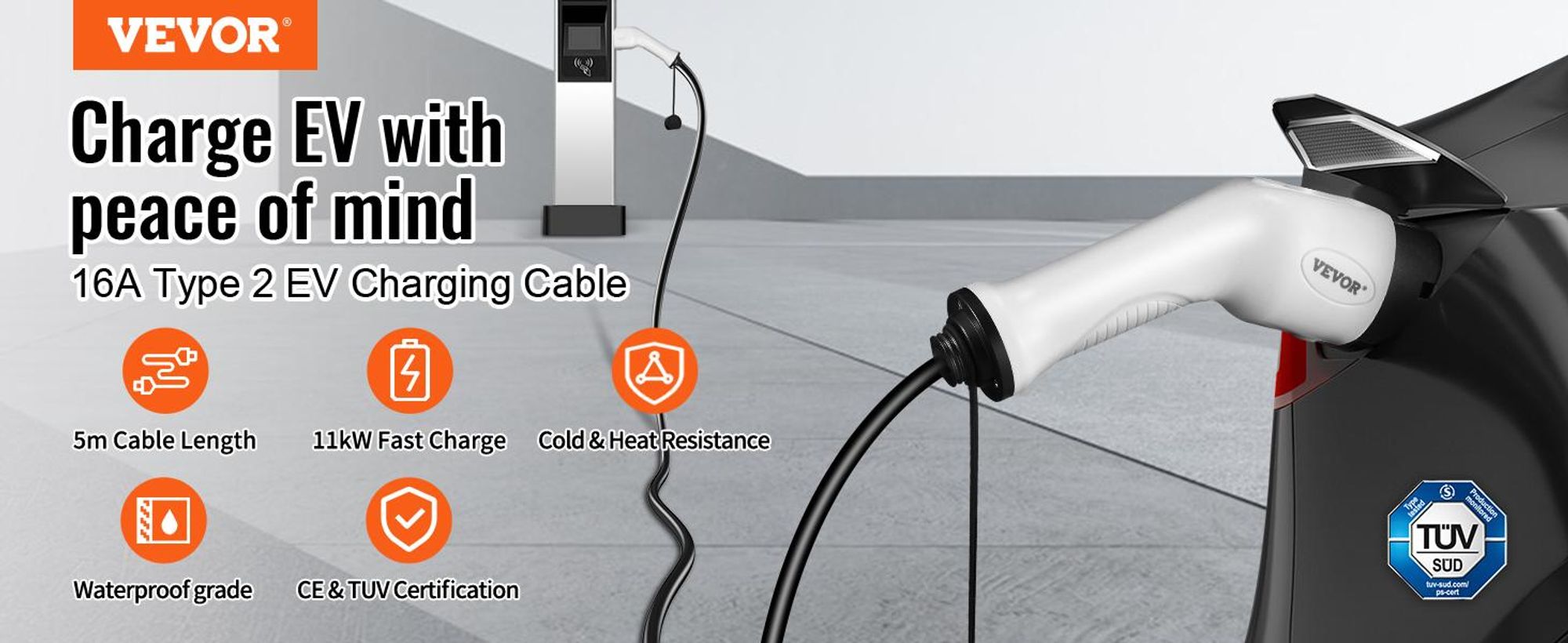 VEVOR Typ 2 zu Typ 2 EV-Ladekabel, 32Amp, 7kW 5 Meter Einphasen-Elektrofahrzeug-Ladekabel, IP66 wasserdicht mit Tragetasche, für IEC62196 EV & Plug-in-Hybrid-Elektrofahrzeuge, CE&TUV, 11 kW, 5 m-a