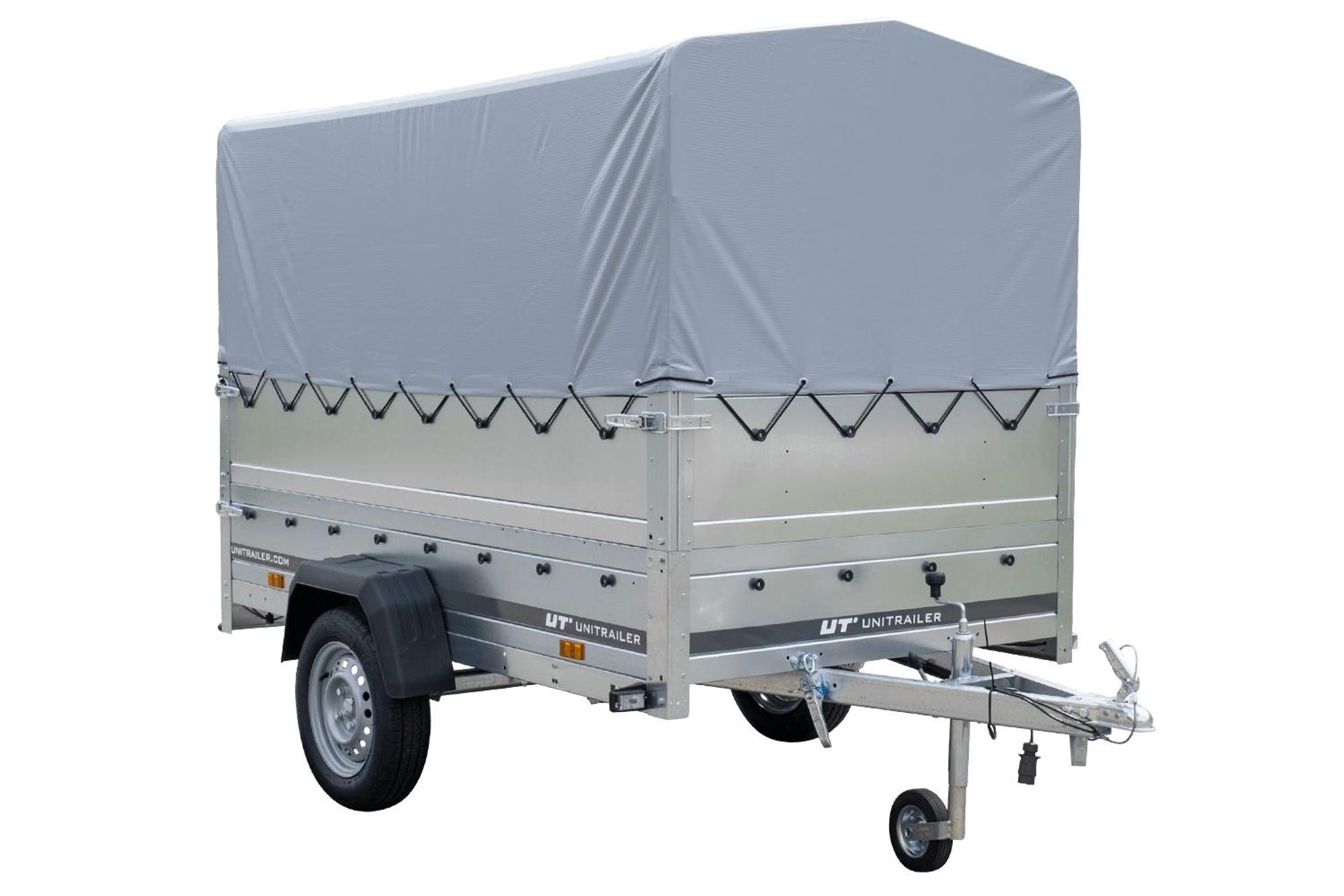 Přívěs za auto na pružinách 230x125 UNITRAILER GARDEN 230/R KIPP s bočnicemi BIS, rámem H-800 a šedou plachtou