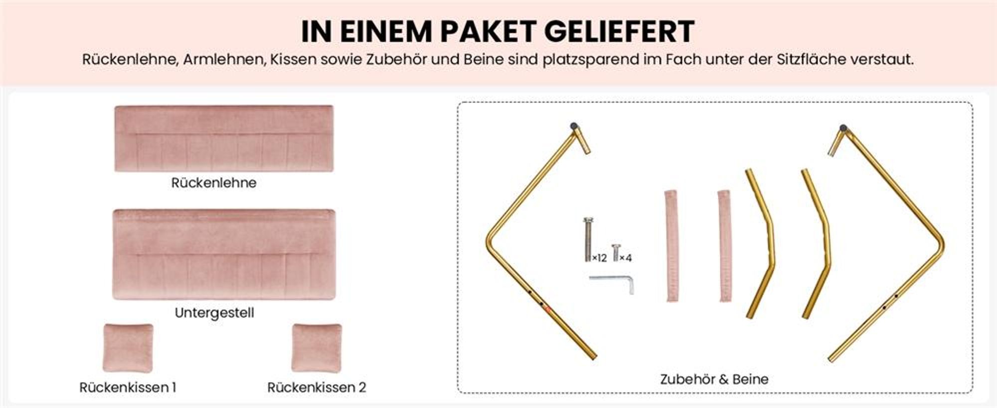 Yaheetech Polstersofa mit Armlehnen & Beine aus Metall Modernes Zweisitzer-Sofa mit 2 Lendenkissen Loveseat fürs Wohnzimmer/Schlafzimmer Rosa