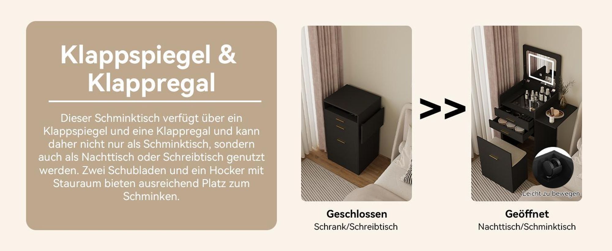 Puluomis 3-in-1 Schminktisch mit LED Beleuchtung Spiegel, Kommode mit 2 Schubladen, klappbar Brett, Hocker mit Lagerung, Nachttisch schwarz