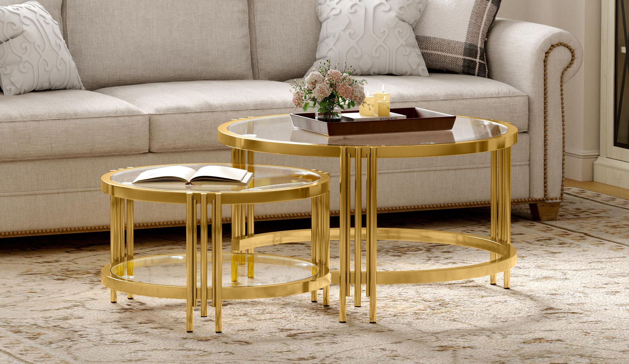 MODFU 2er set Couchtische Rund,Wohnzimmertisch set mit 2 Satztisch Sofatisch,Beistelltisch Gold mit Metallgestell,80×80×45cm