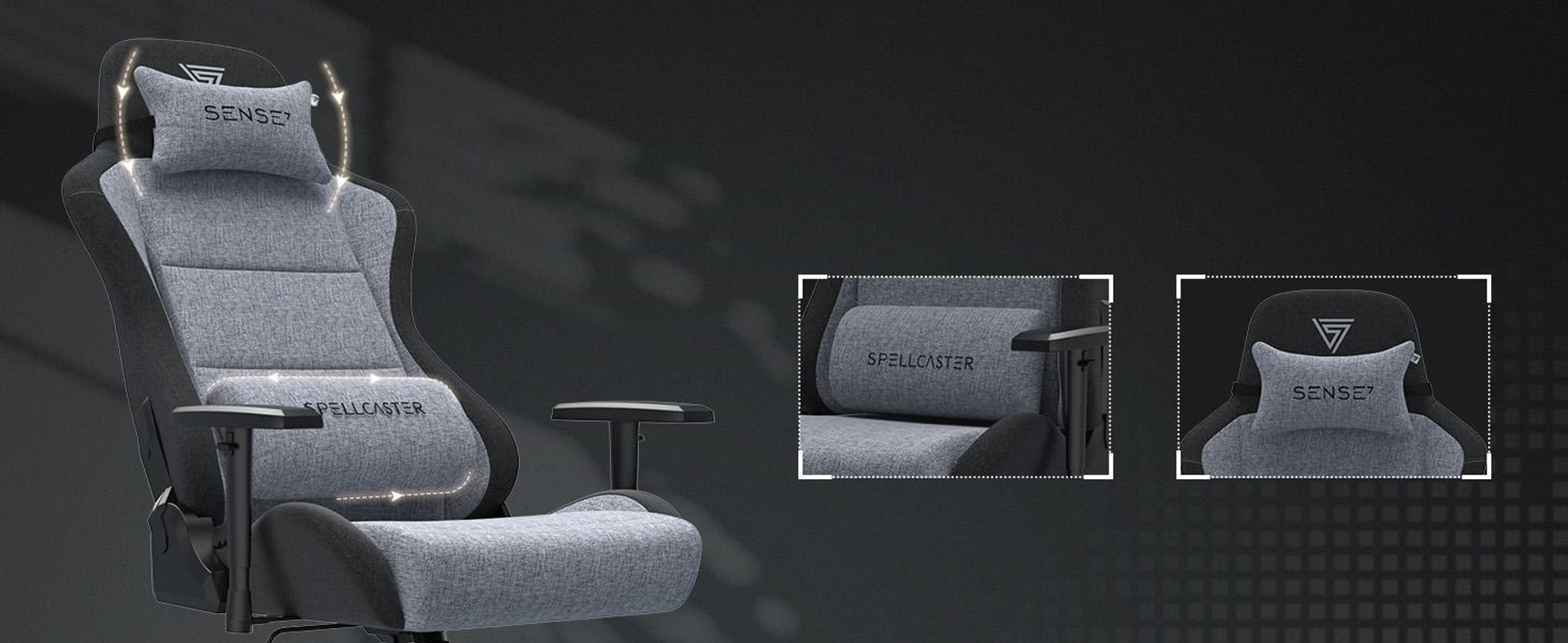 Herní židle SENSE7 Spellcaster FUKU XL, látka, šedá a černá – ergonomická kancelářská židle, nosnost až 160 kg, funkce naklánění, kolečka na tvrdou podlahu