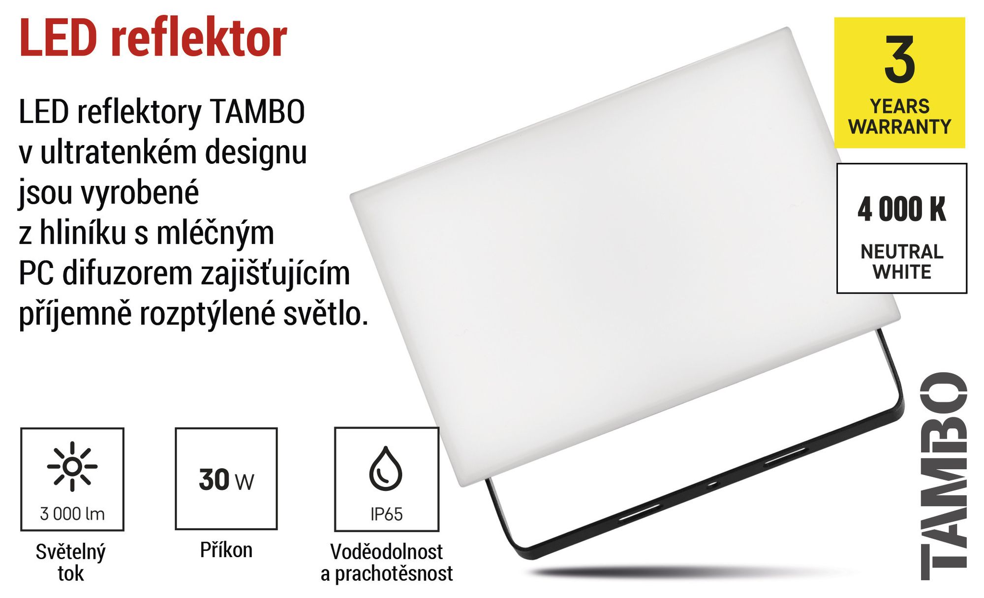 EMOS LED reflektor Tambo, ultratenký hliníkový reflektor, vodotěsný, neutrální bílá (4000 K), 3000 lm, 30 W, pro venkovní použití, černý, ZS2532