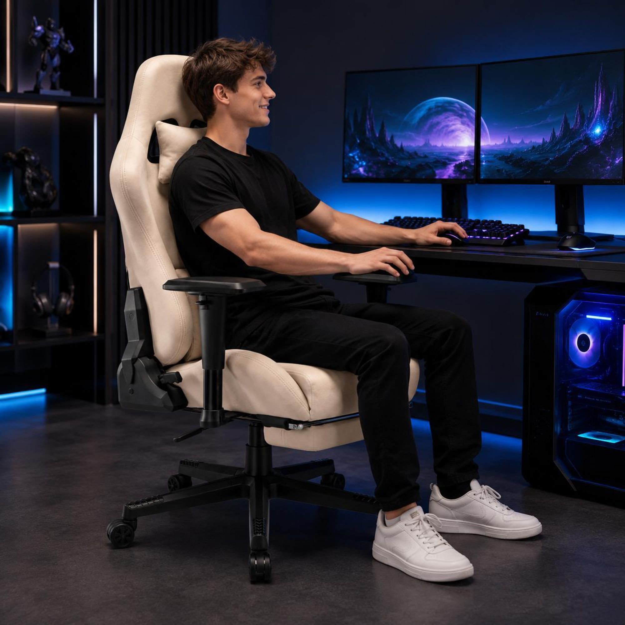 Beiger Gaming-Stuhl im Einsatz am beleuchteten Gaming-Schreibtisch