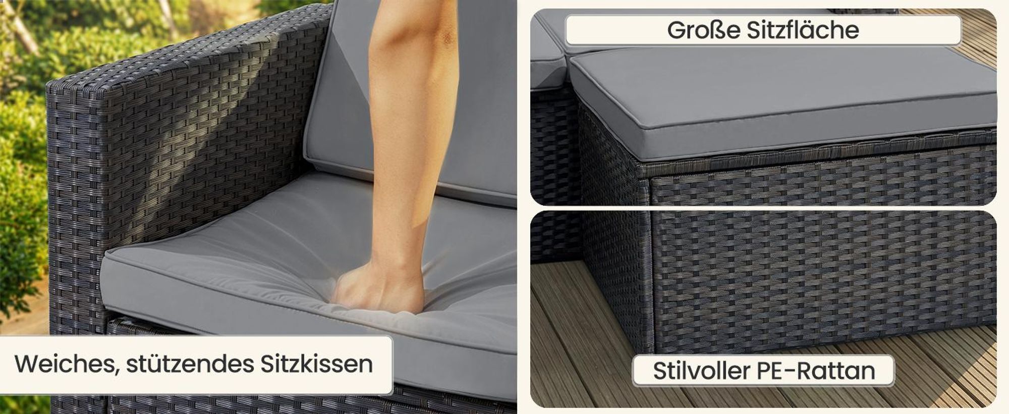 SONGMICS (5-tlg) Gartenlounge-Set, Tisch, Fußhocker und Sofa, mit Kissen, schwarz-grau