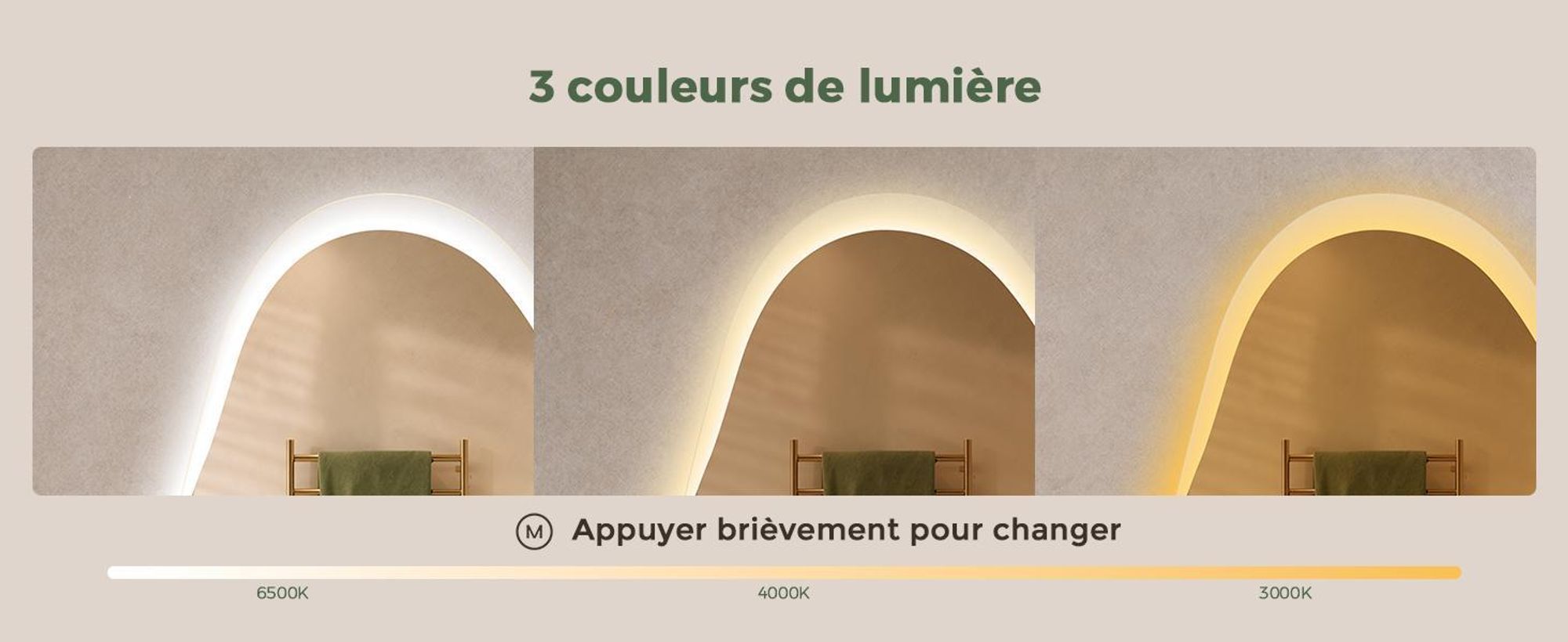 S'AFIELINA Miroir Salle de Bain LED 48 × 72 cm, Asymétrique, Sans Cadre,3 couleurs d’éclairage, luminosité réglable, anti-buée et mémoire