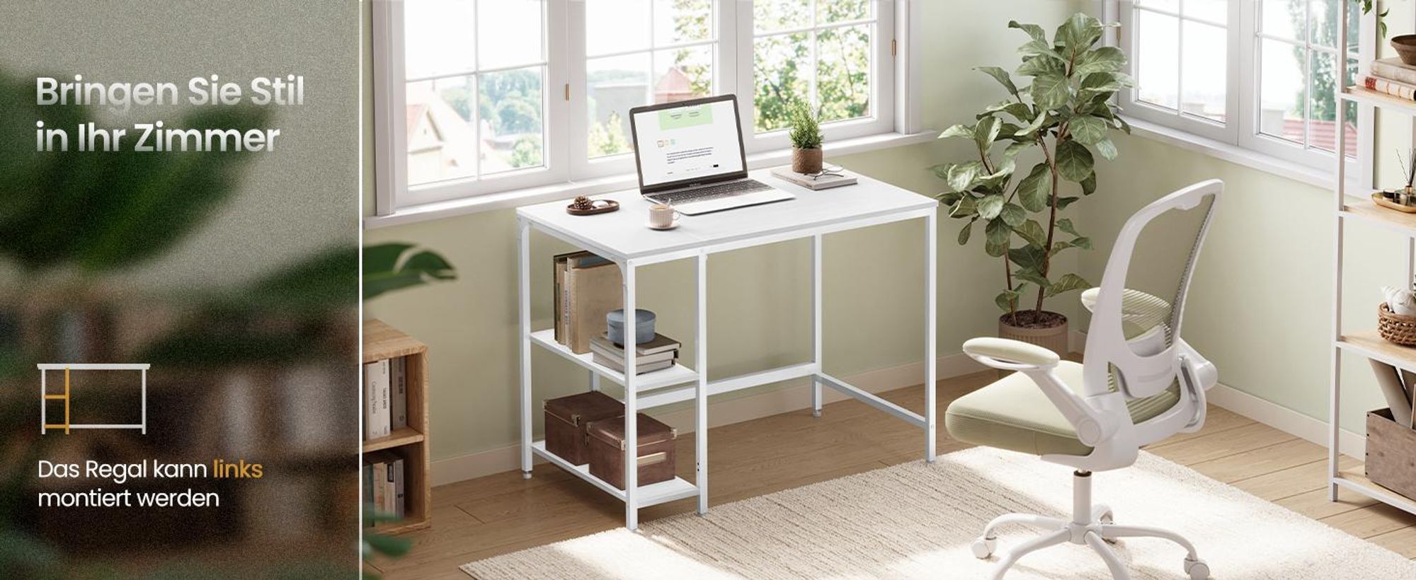 VASAGLE Schreibtisch mit 2 Regale Computertisch 100 x 75 x 60 cm weiß