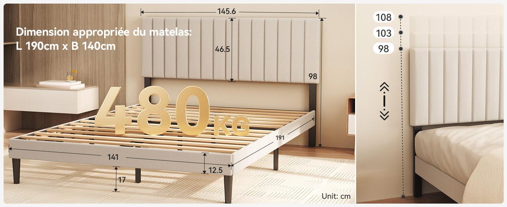 Lit rembourré 140 x 190 cm avec tête de lit réglable, sommier à 12 lattes, cadre de lit robuste pour chambre à coucher ou chambre d'adolescent, charge maximale de 480 kg, blanc gris