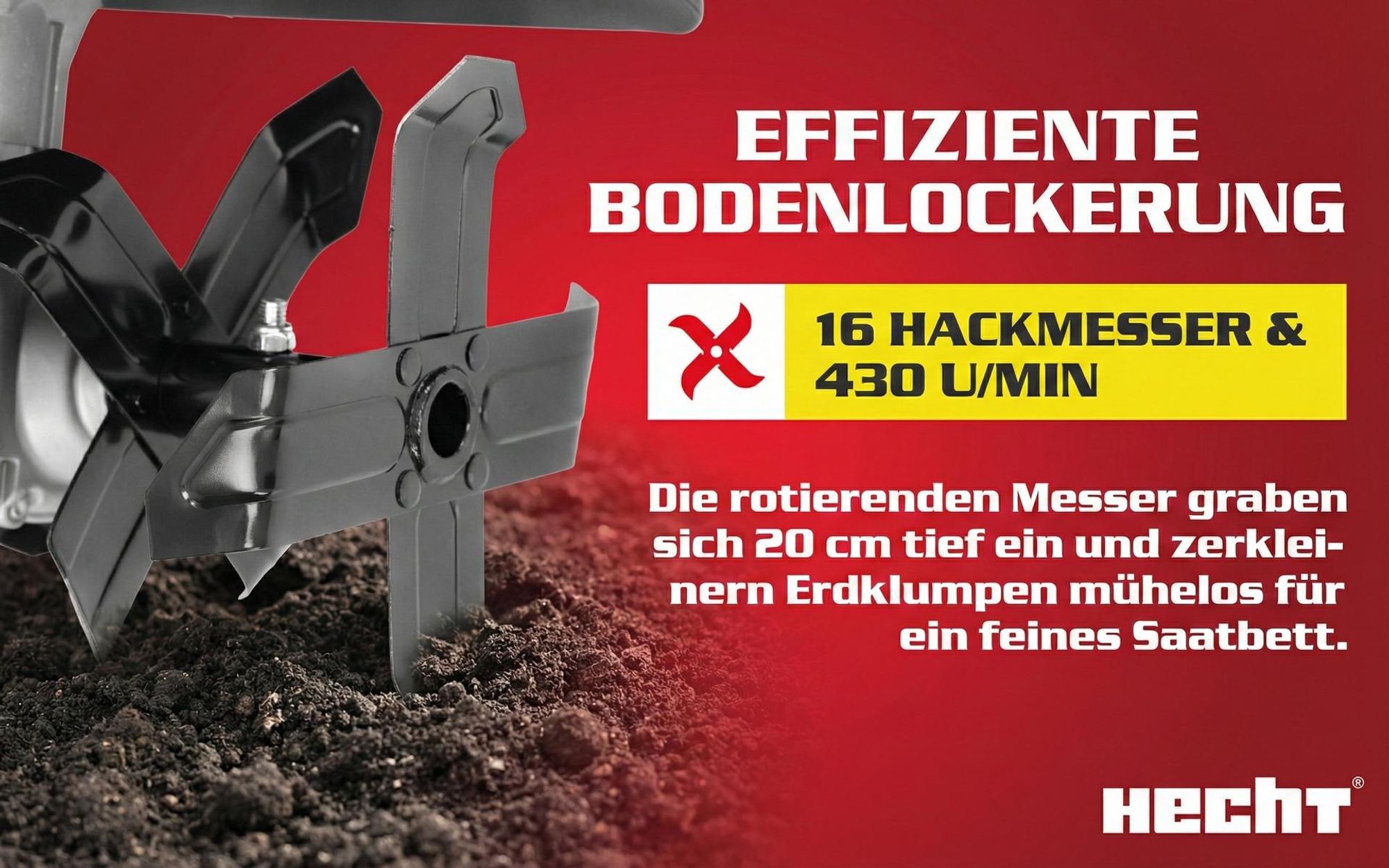 HECHT 738 Motorhacke Elektro | 36,5 cm Arbeitsbreite | 20 cm Arbeitstiefe | 1000W | 16 Messer | 430 U/min