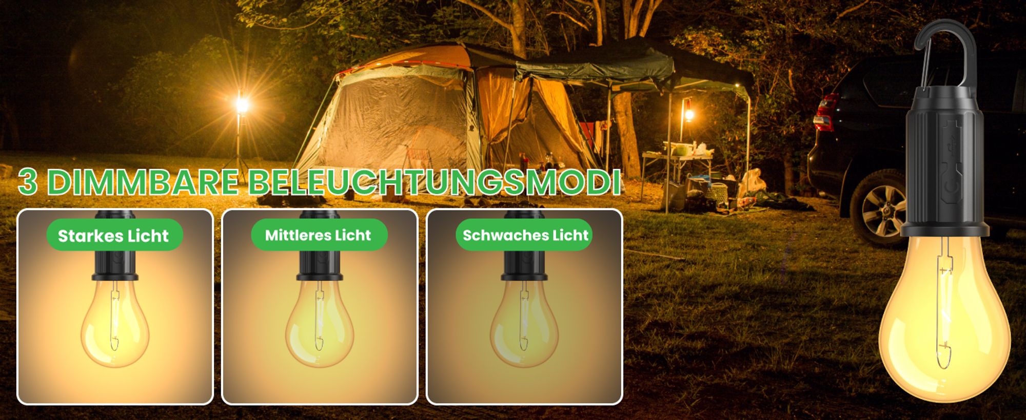 2 Stück Campinglampe, Camping Lights, LED Campinglampe Aufladbar, LED Tragbare Zeltlampe Notlicht mit Karabiner Wasserdicht für Camping, Abenteuer