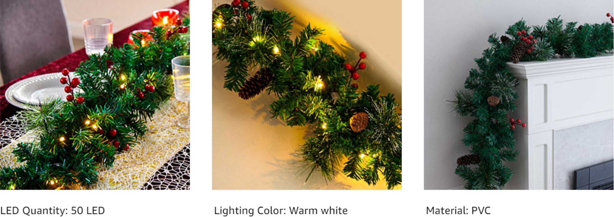 9 FT LED-Weihnachtsgirlande mit Tannenzapfen,Beeren,Schleifen Kiefernblätter,mit 50 warmweißen LED-Lichtern,Weihnachtsdekoration