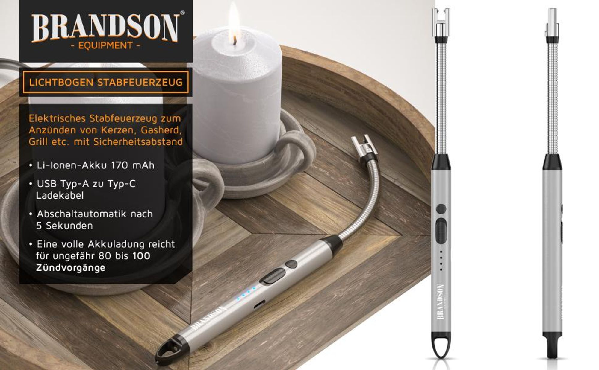 Brandson Lichtbogen-Stabfeuerzeug, Lichtbogen-Stabfeuerzeug mit Akku und USB-C-Ladekabel