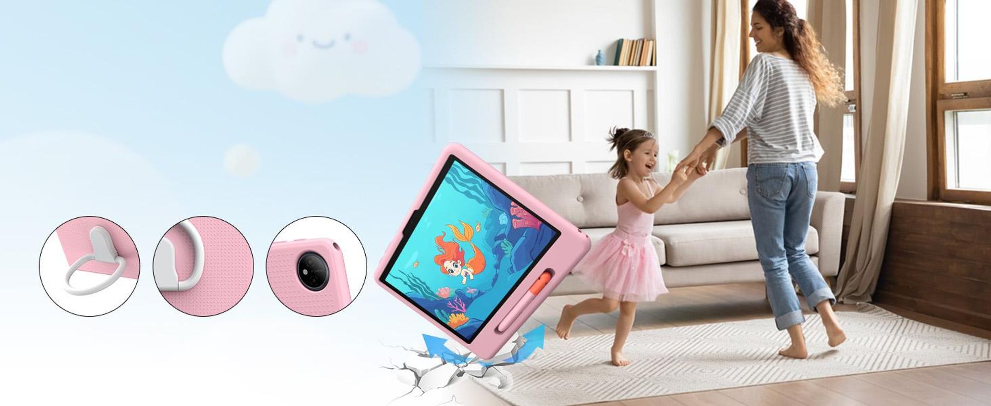 POCKAM P10 kinder tablet, 10,1 inch, met Gemini AI, Android 16, 32 (6+26) GB RAM + 64 GB ROM/TF 2TB, 7000mAh, WiFi tablet voor kinderen, met kindvriendelijke hoes en stylus