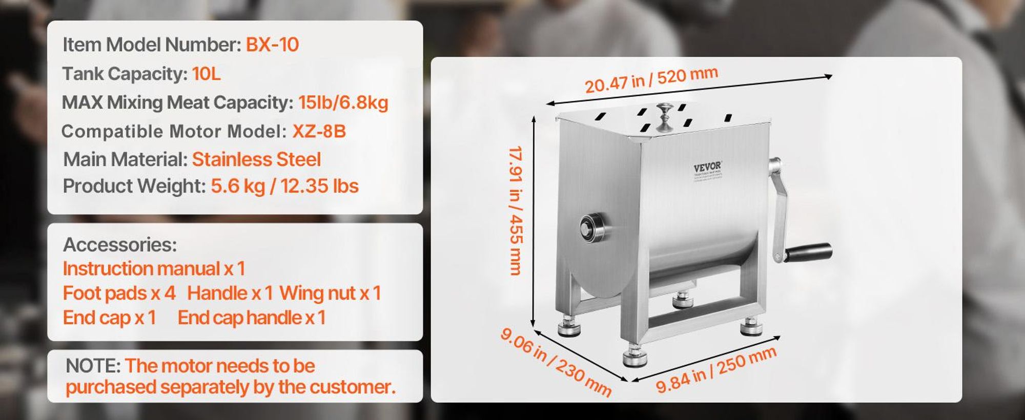 VEVOR Handbetriebs Fleischmischer, 80L Festtank Fleischverarbeitungsgerät (Maximale Mischung 80LBS für Fleisch), Edelstahl Fleischmischer, Wurstmischmaschine mit Deckel, Handgetriebe, Hackfleisch Handmischer, 10 L