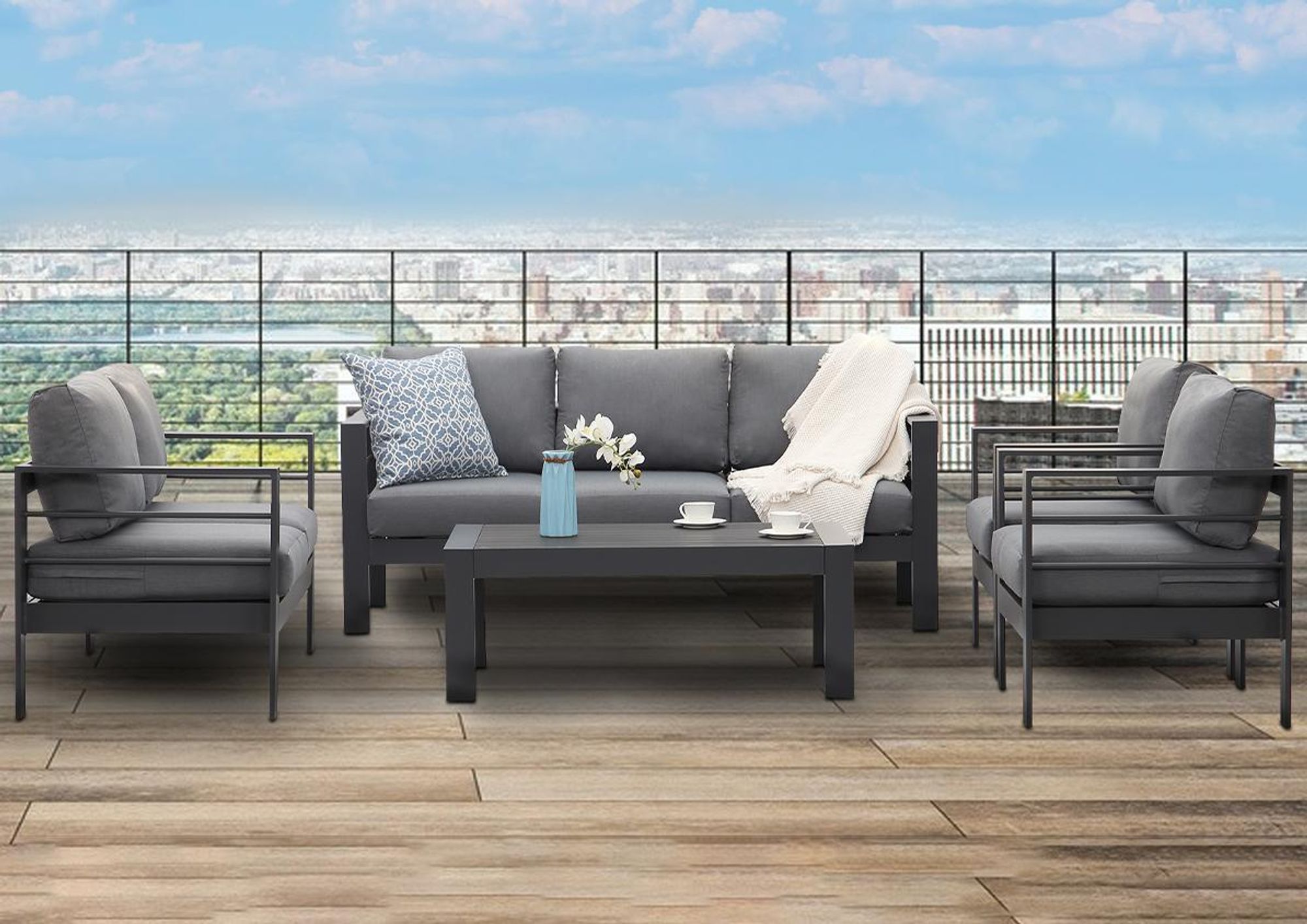MeXo Gartenmöbelset, Loungeset Aluminium für 6-7 Personen mit Kissen & Couchtisch Indoor Outdoor Balkon Garten Terrasse (Sitzgruppe, Aluminiumrahmen)