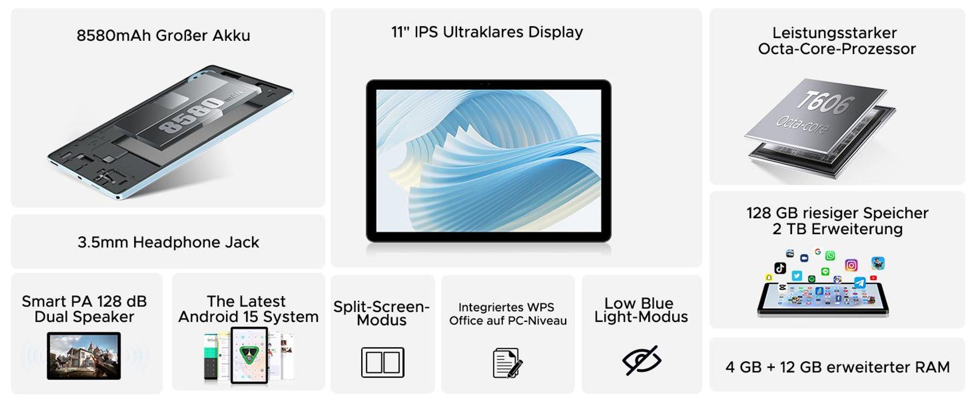 DOOGEE U11 VIP Tablet - Android 15, 11 Zoll,16(4+12)GB RAM+128GB(bis 2TB erweiterbar),90Hz,8580 mAh,Tastatur-Set