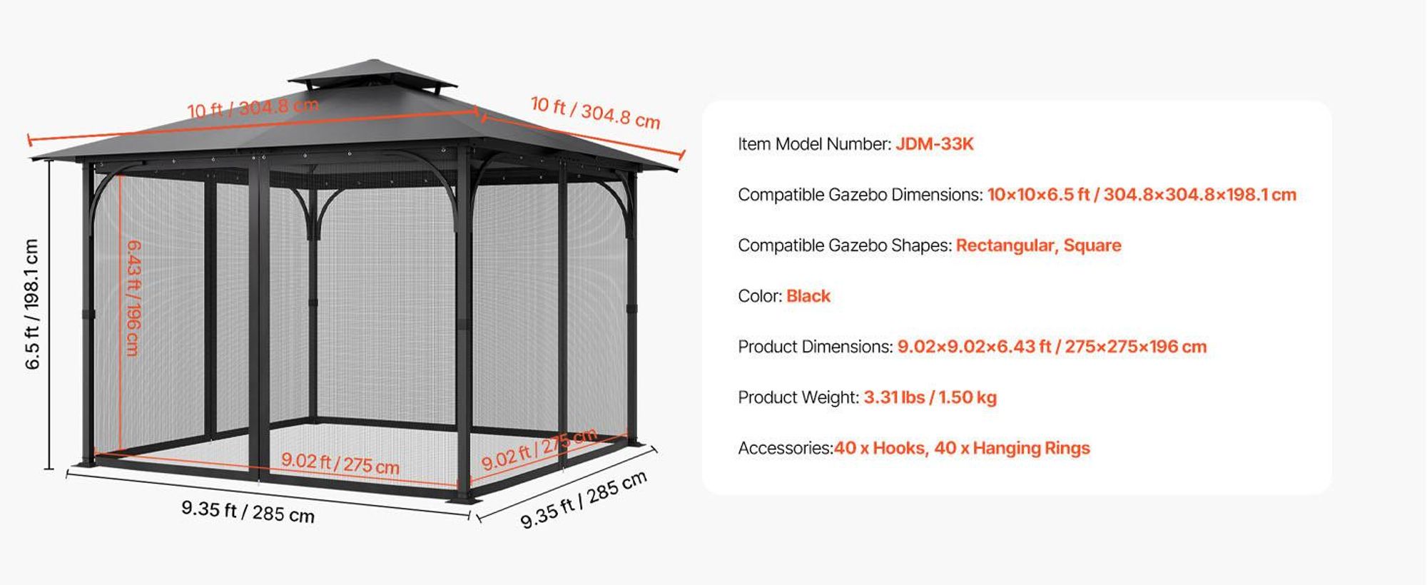 VEVOR Pavillon-Moskitonetz für 304 x 304 x 198 cm große Pavillons, 4-teiliger Seitenwand-Pavillonvorhang mit Doppelreißverschluss (nur Moskitonetz)