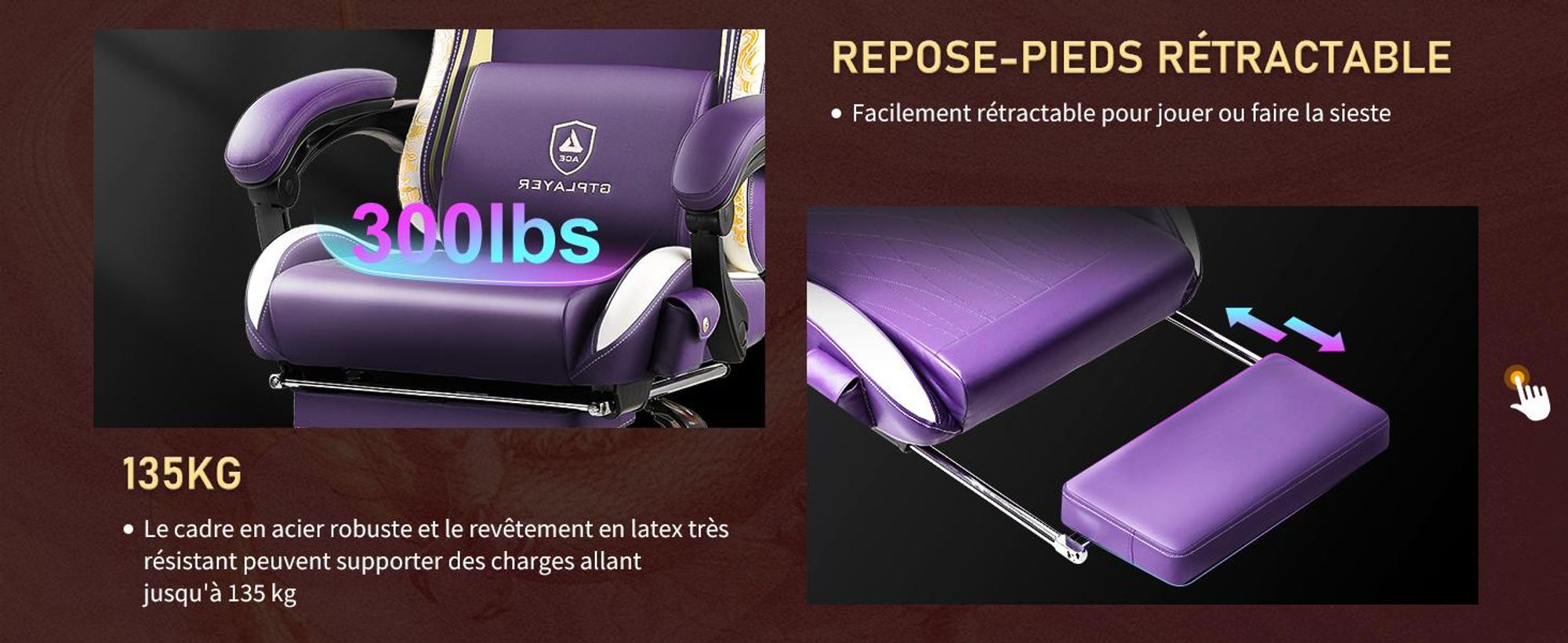GTPLAYER Chaise de jeu Chaise de jeu avec haut-parleurs Bluetooth et repose-pieds, Dragon Series Chaise de bureau, fauteuil pivotant ergonomique, chaise d'ordinateur Violet