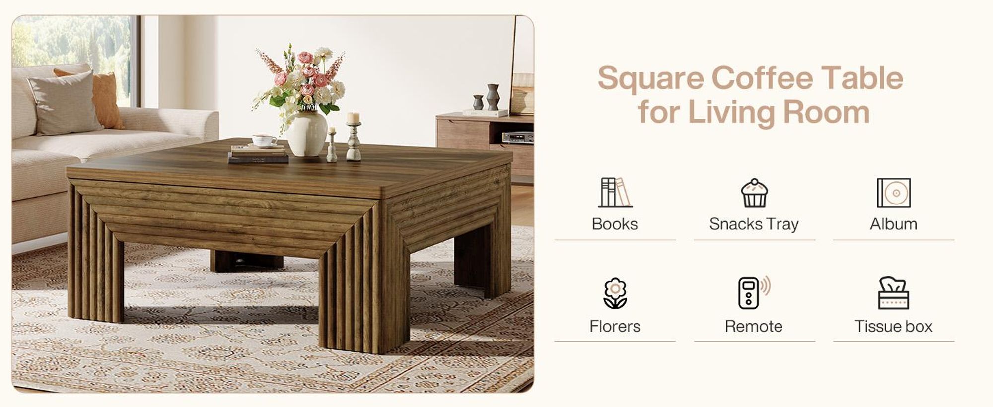 Couchtisch, 100cm quadratischer Wohnzimmertisch, Sofatisch,Landhaus-beistelltisch