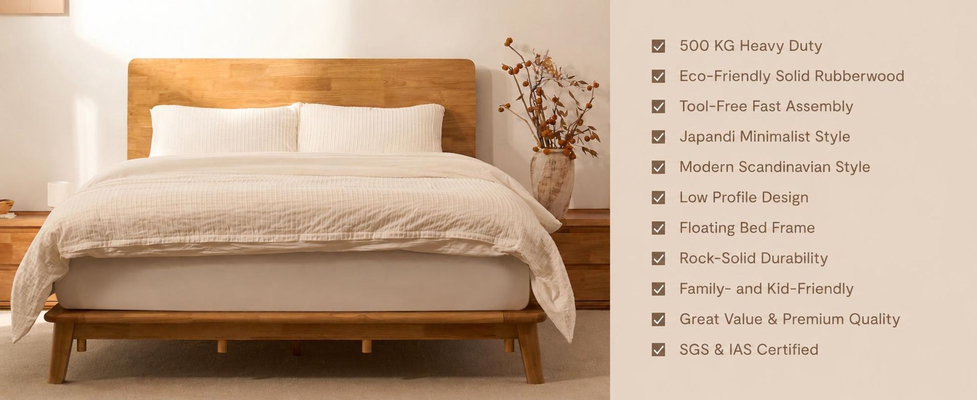 FLEXISPOT Massivholzbett 160x200 cm aus Gummibaumholz, Doppelbett mit Kopfteil, Bettgestell mit Lattenrost, modernes Japandi-Bett, bis 500 kg, Hako G1