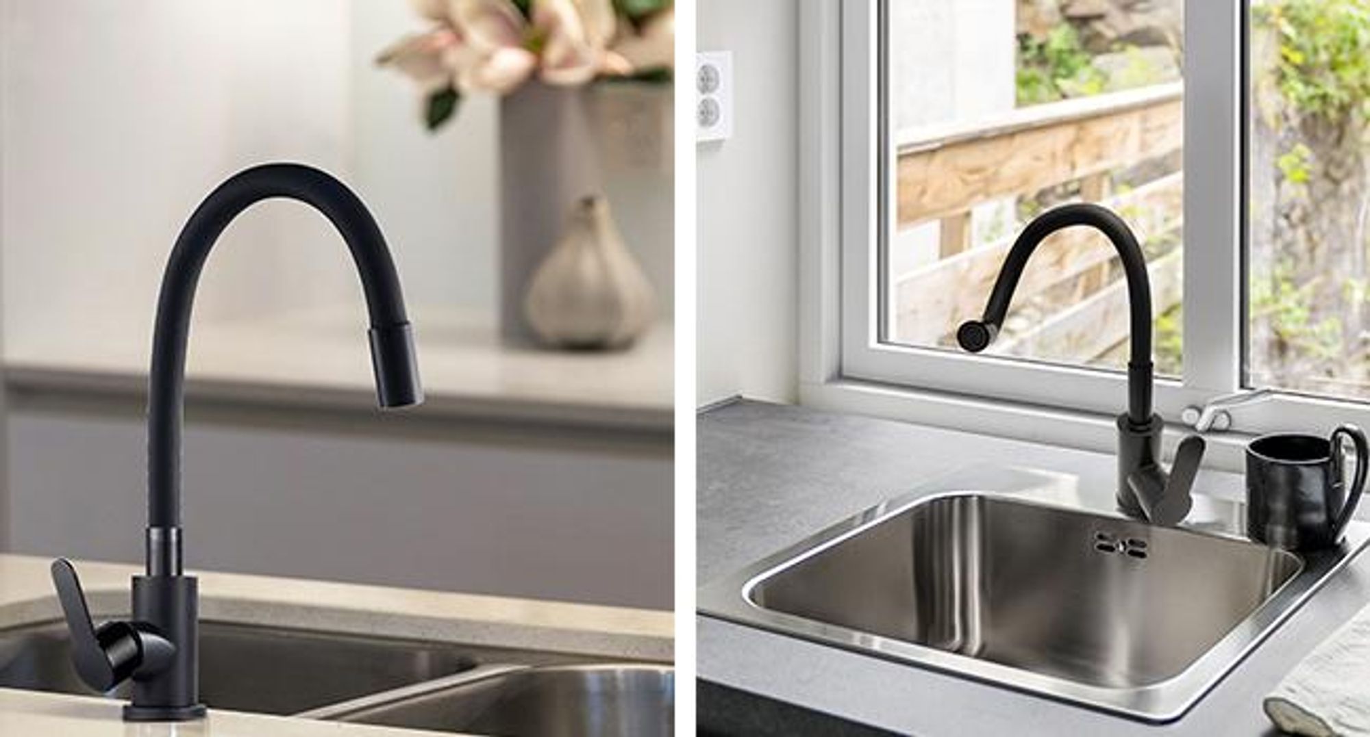 KRUMAD Küchenarmatur, Wasserhahn Küche Schwarz, Wasserhahn Spüle, Küchenwasserhahn mit Schlauch, moderne Armatur für Küchenspülen