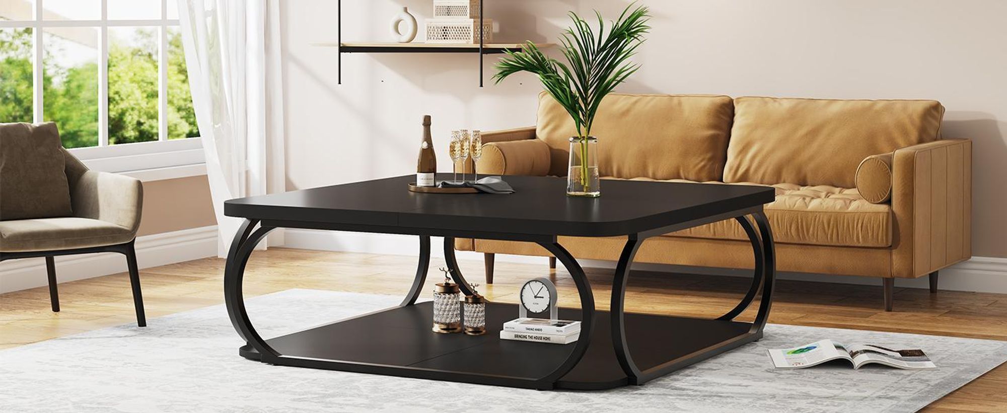 100 cm Couchtisch Quadratisch, Wohnzimmertisch, Schwarz Industrie Design, Holzwerkstoff Couchtisch Niedrig Wohnzimmertisch, Beistelltisch für Modern