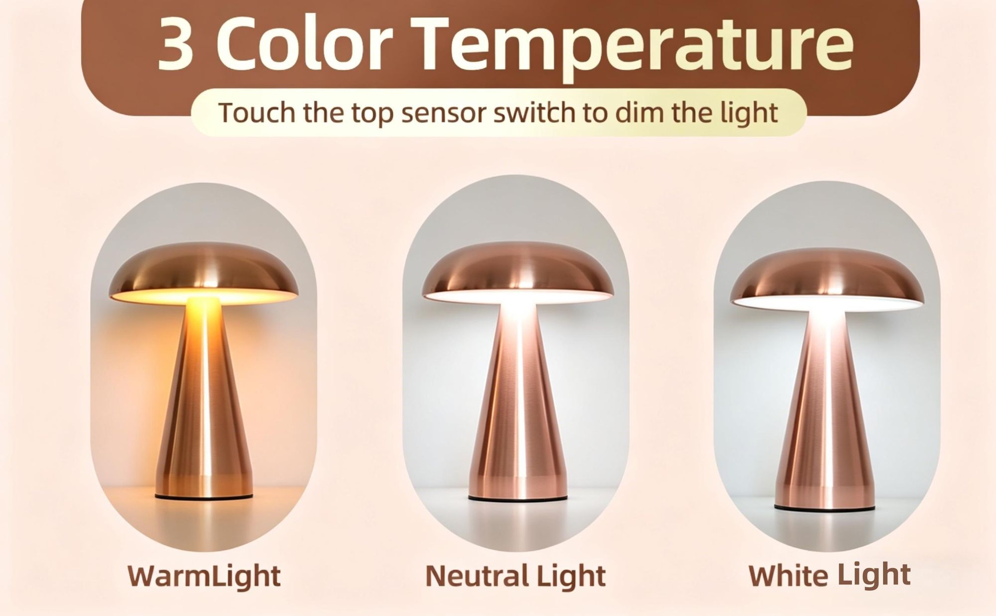 LED-Pilzlampe, tragbare Metall-Schreibtischlampe,USB-Aufladung Nachttischlampe, dreifarbiges Touch-Kabellos Dimmen, Augenschutz-Nachtlicht, Roségold