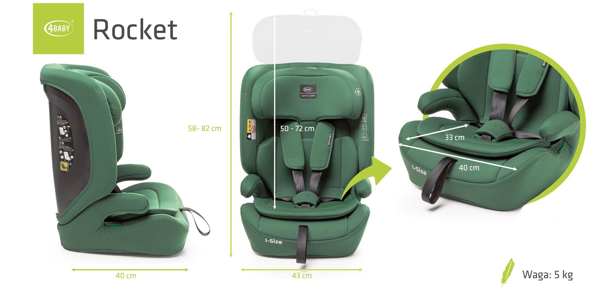 Kindersitz Rocket | i-Size R129, 76–150 cm, vorwärtsgerichtet, 5-Punkt-Gurt, verstellbare Kopfstütze, 2 Neigungsstufen, Farbe Grün